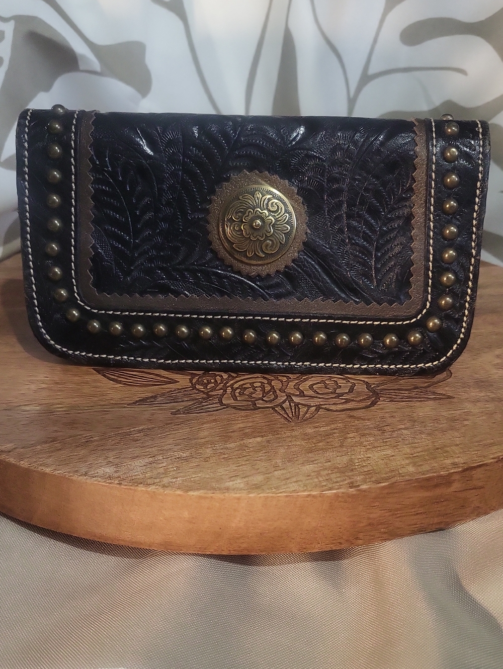 American West Handcrafted Embossed Black Leather Wallet with Brass Accent